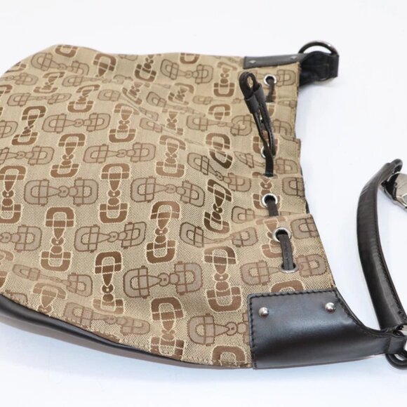 Gucci Horsebit Drawstring Hobo Canvas Leather Trim - Brown - Picture 12 of 16